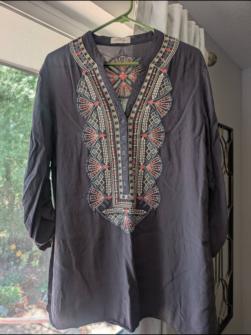 Solitaire Navy Embroidered Tunic with Coral and Cream Accents